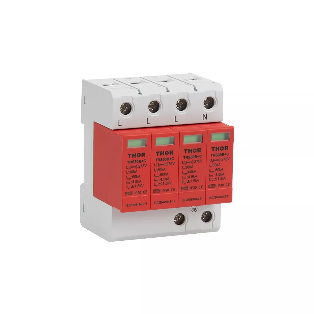 Front view of Thor TRS30 B+C, a Type 1+2 AC surge protective device.