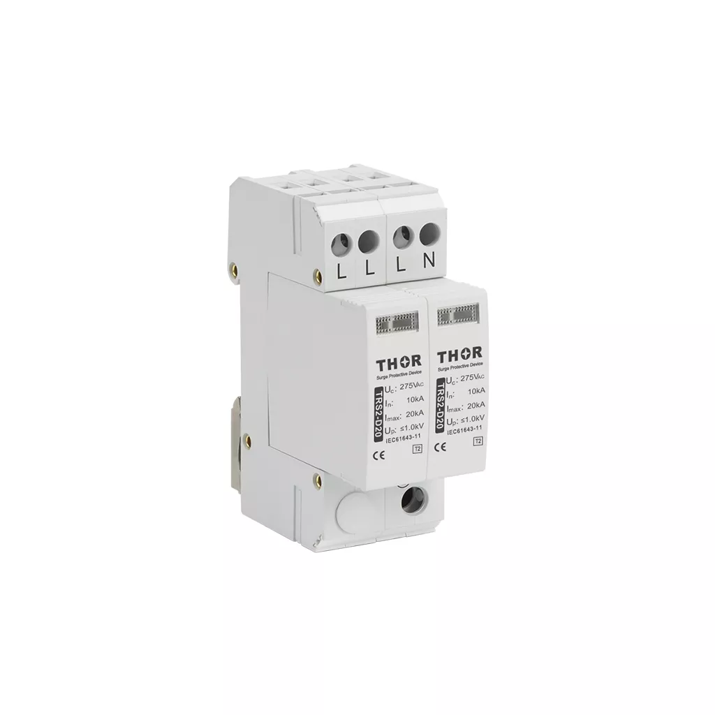 Front view of Thor TRS2-D20, a Type 1 AC surge protective device.