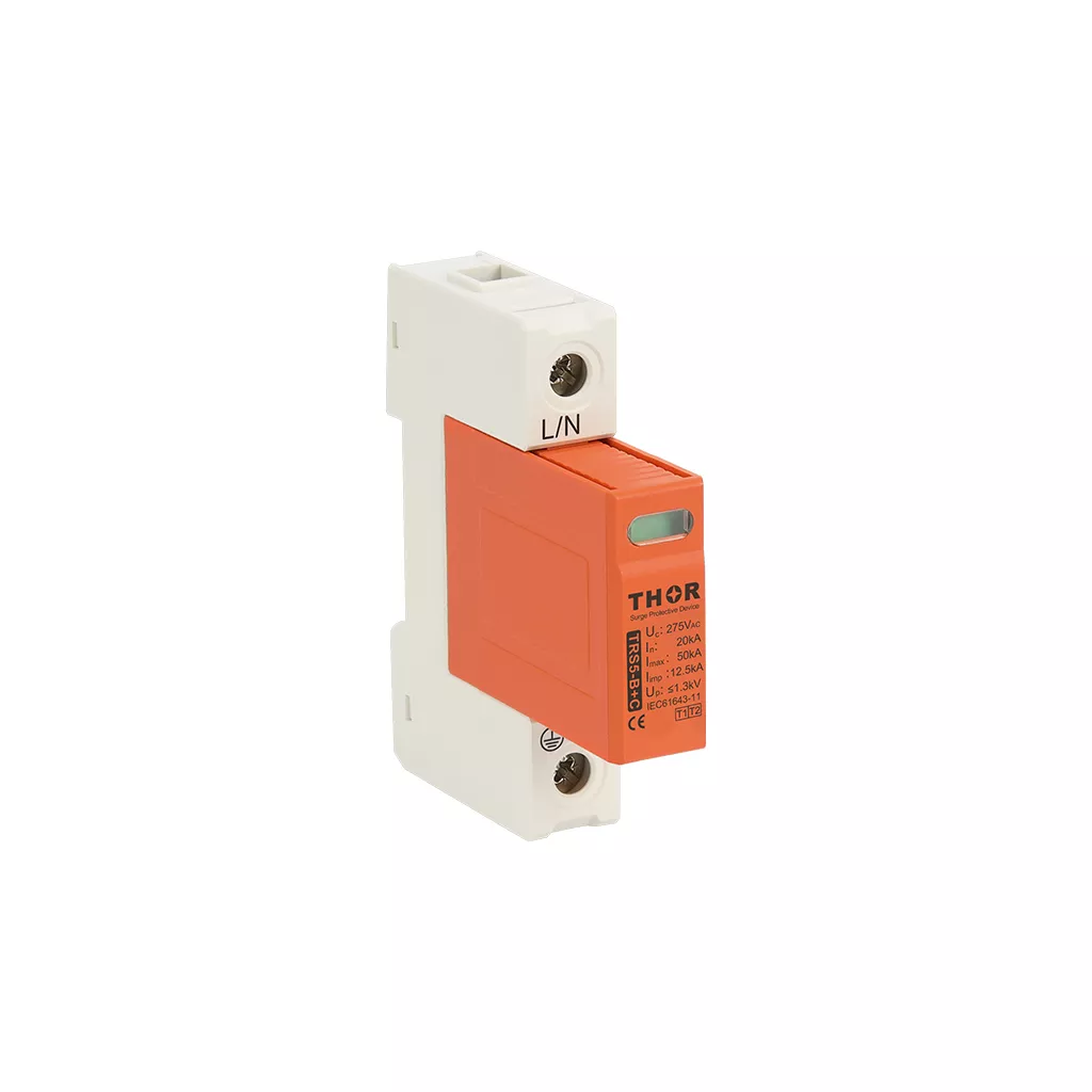 Front view of Thor TRS5 B+C 1p, a Type 1+2 AC surge protective device.