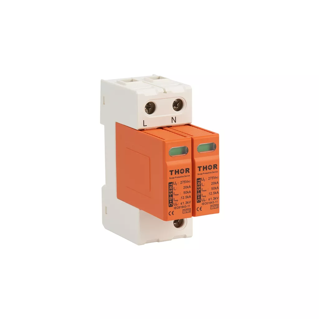 Front view of Thor TRS5 B+C 2p, a Type 1+2 AC surge protective device.