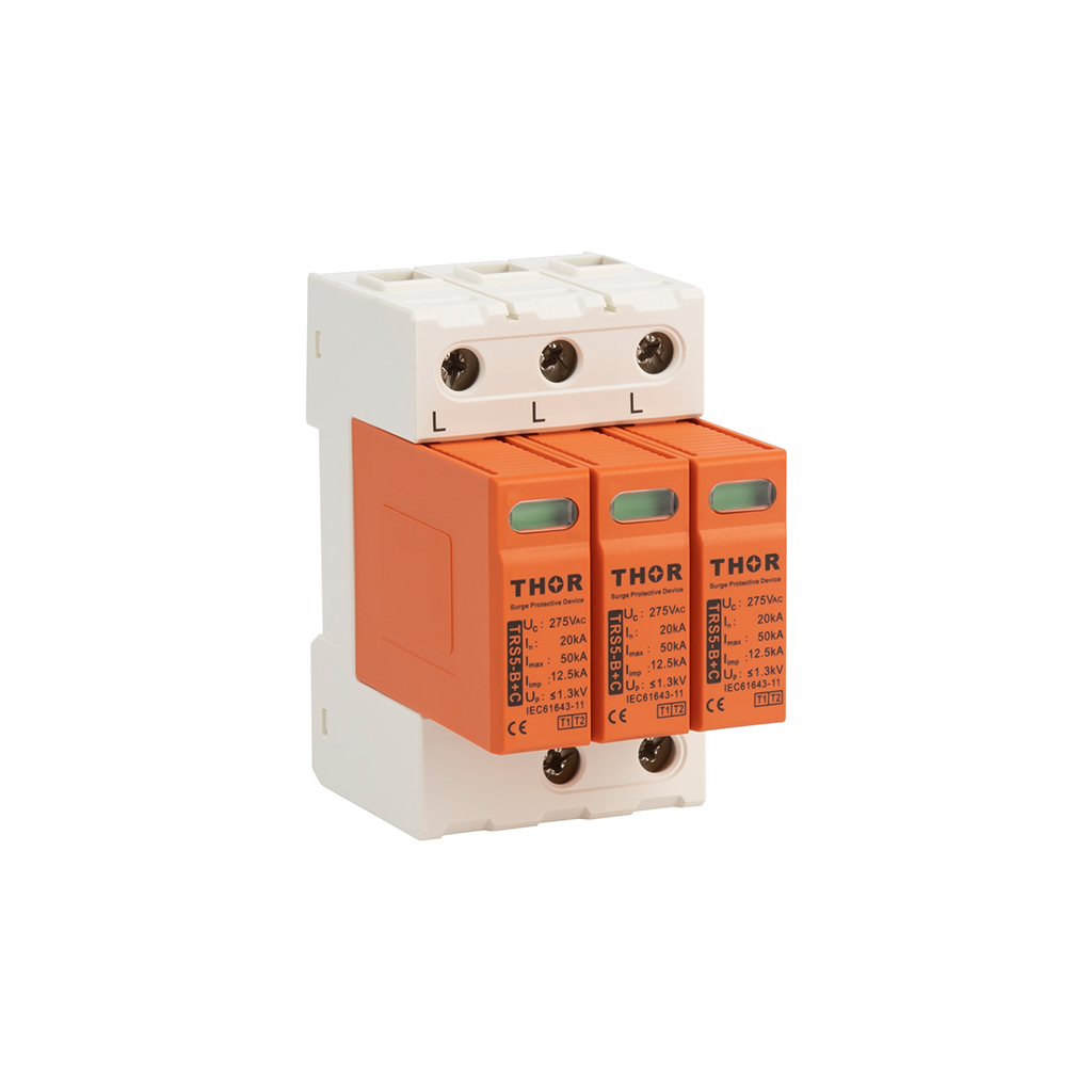 Front view of Thor TRS5 B+C 3p, a Type 1+2 AC surge protective device.
