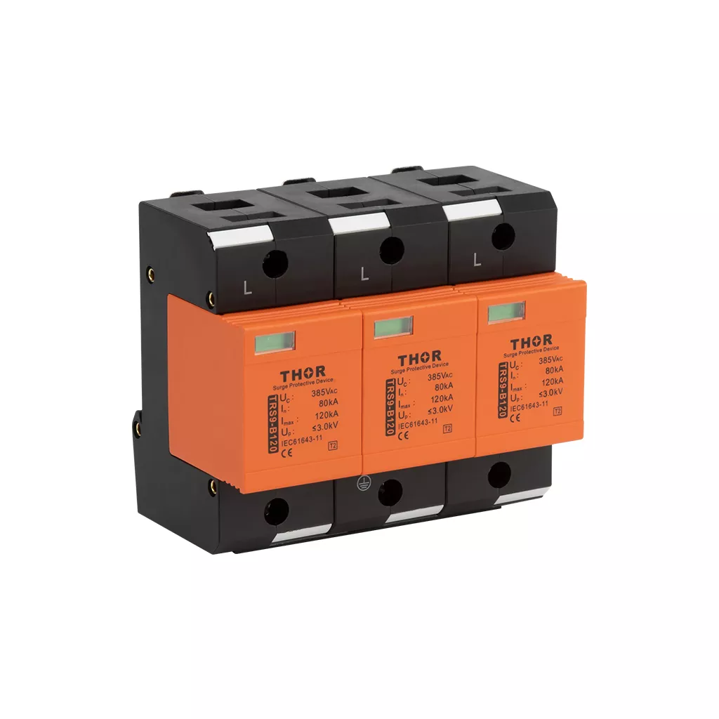 Front view of Thor TRS9-B120, a Type 2 AC surge protective device.