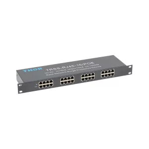 THOR TRSS-RJ45-16/POE 16-port rack-mount network surge arrester, showing the front panel with grouped RJ45 ports for data and PoE protection.