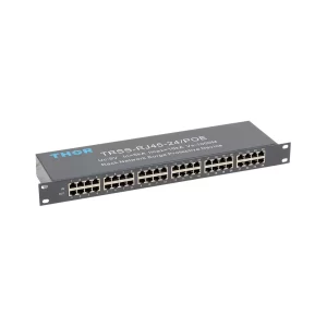 Front view of a THOR TRSS-RJ45-24/POE, a 24-port rack-mount Gigabit Ethernet surge protector with RJ45 in/out ports for network cabinet installation.