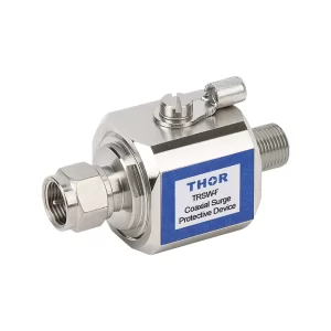 THOR TRSW-F F-Male to F-Female coaxial surge protector for CATV, satellite, and 75 ohm antenna systems, with a grounding terminal.