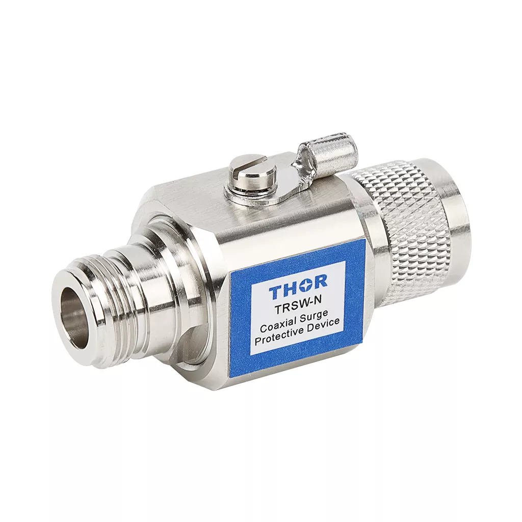 THOR TRSW-N coaxial surge protector with N-Male to N-Female connectors and a grounding lug, designed for 50 ohm RF lightning protection.