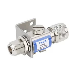 THOR TRSW-N N-Male to N-Female coaxial surge arrester with an L-shaped mounting bracket for easy panel or chassis installation.