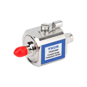 THOR TRSW-SMA 50 ohm RF surge protector with SMA-Male to SMA-Female connectors, ideal for protecting GPS, WLAN, and cellular antennas.