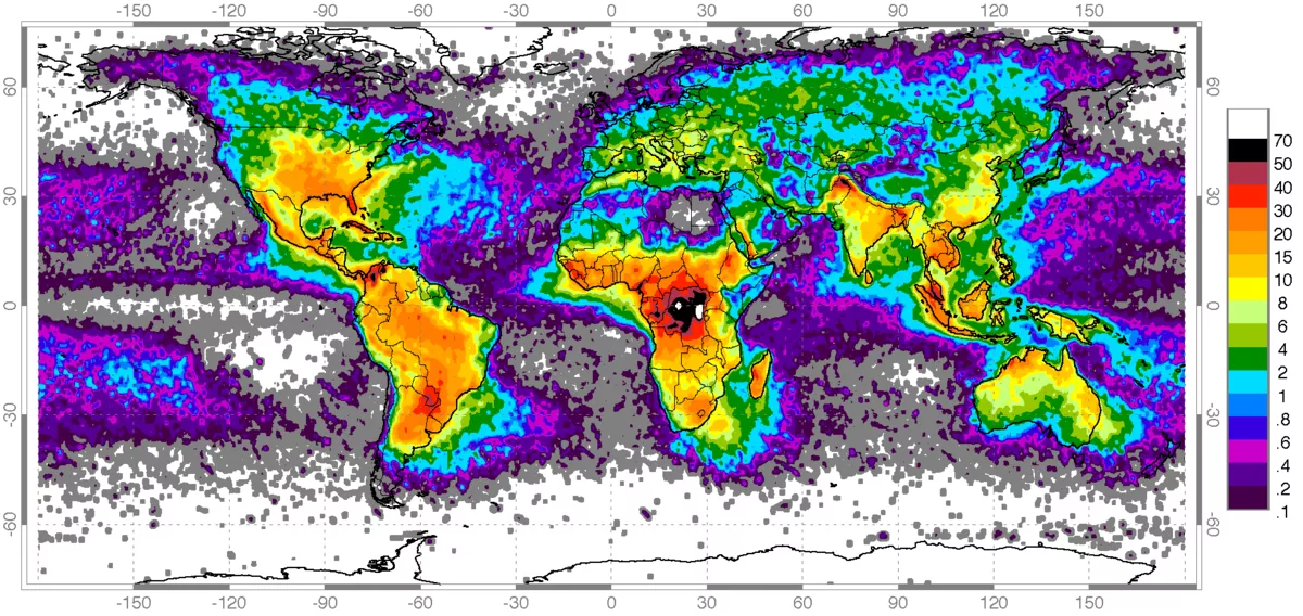 Lightning strike frequency map worldwide
