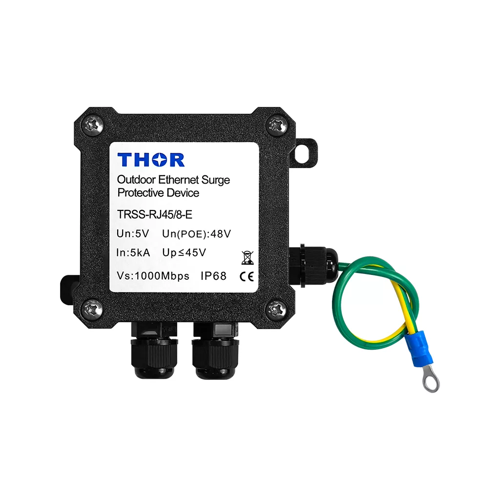Thor TRSS-RJ45/8-E outdoor RJ45 surge protection device showing IN OUT connectors and grounding cable