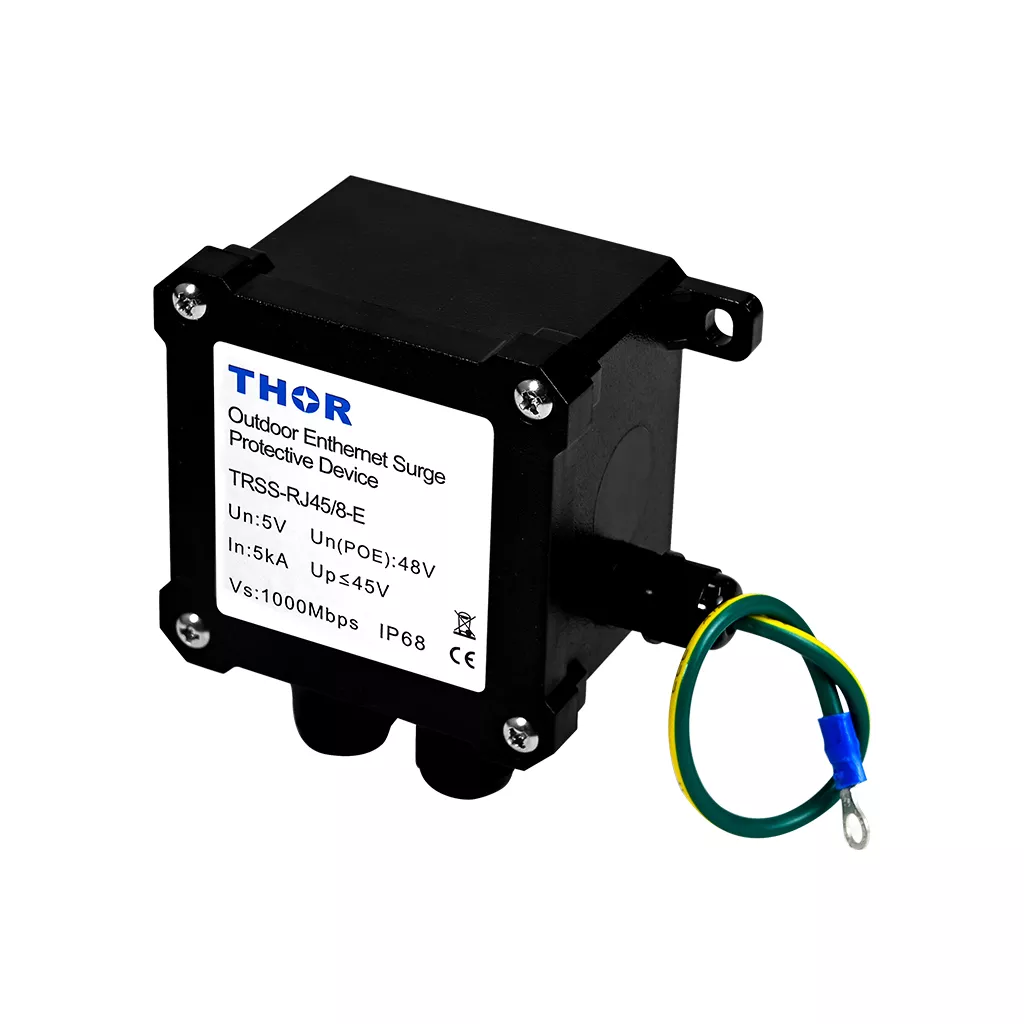 Thor TRSS-RJ45/8-E outdoor RJ45 surge protection device showing IN OUT connectors and grounding cable