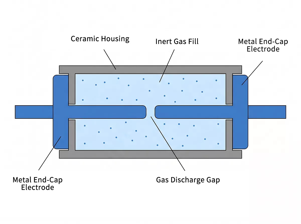 gas discharge tube cross section diagram showing electrodes ceramic body and inert gas fill