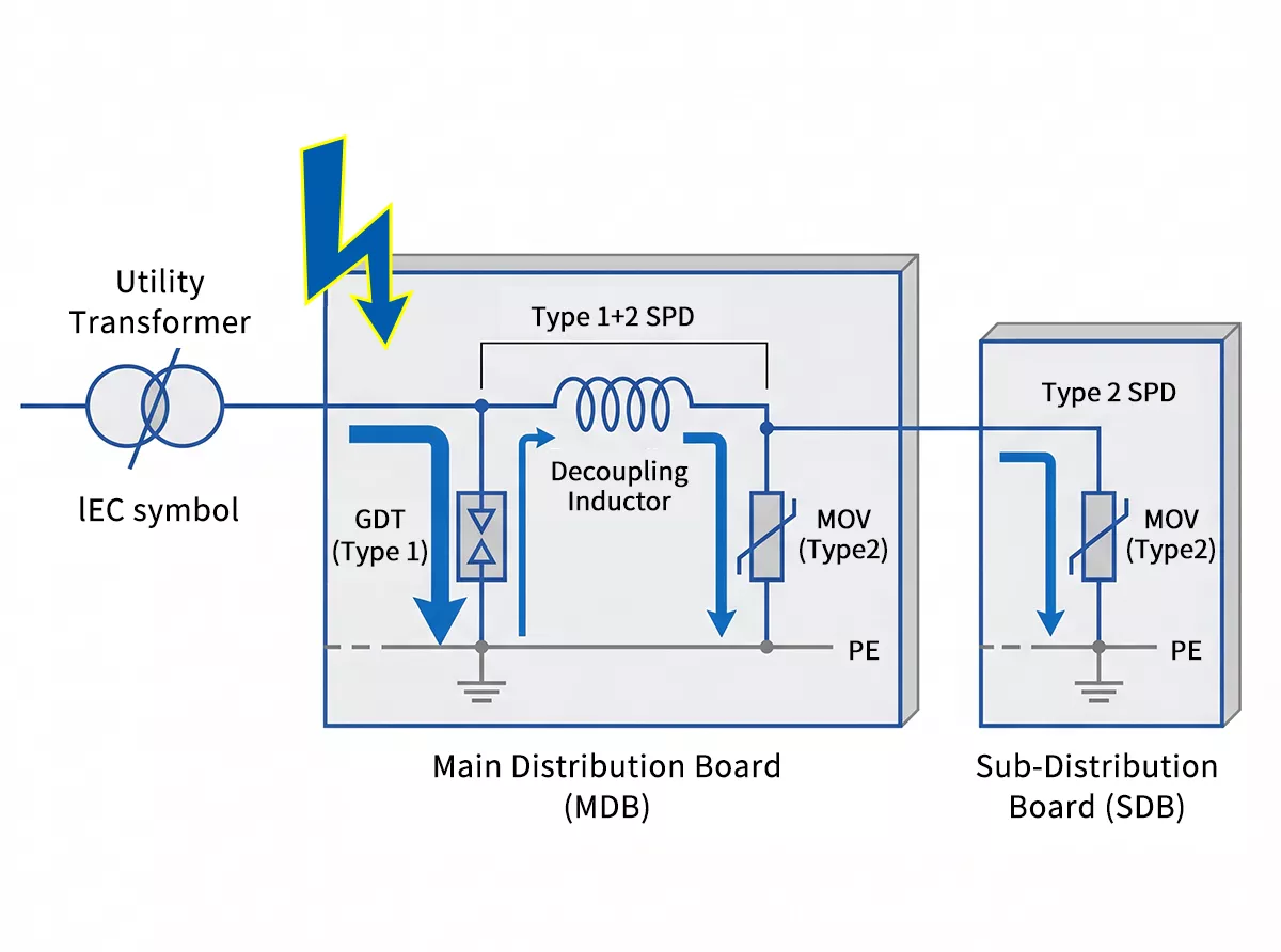 gas discharge tube installation position in Type 1 SPD main distribution board