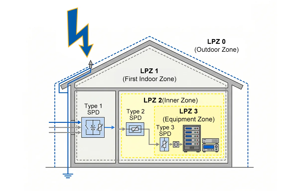 Lightning protection zones LPZ 0 to LPZ 3 in a building, with a Type 1 SPD at the service entrance, a Type 2 SPD at the LPZ 1/2 boundary, and a Type 3 SPD in front of sensitive equipment