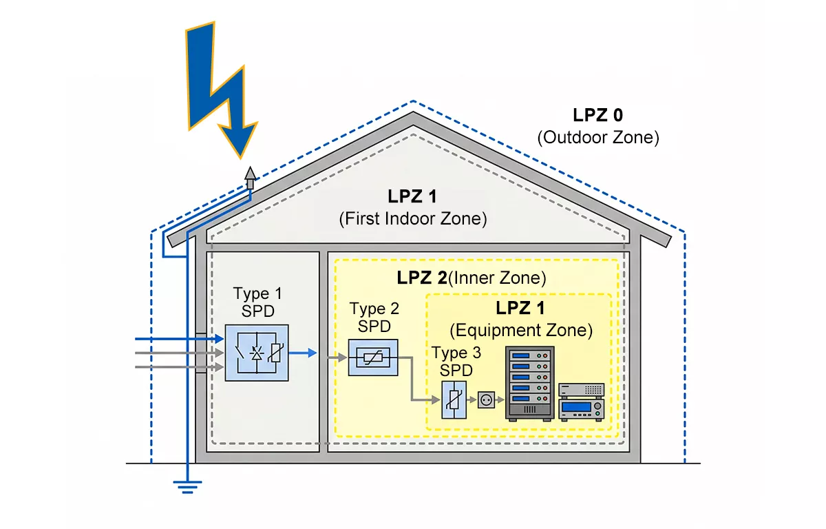 Lightning protection zone LPZ diagram showing Type 1 SPD at LPZ 0 to 1 boundary and Type 2 SPD at LPZ 1 to 2 boundary per IEC 62305