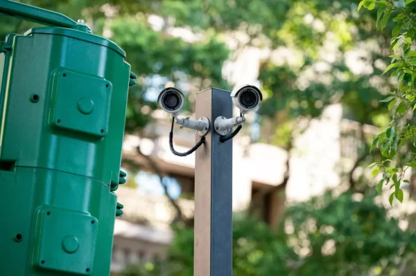 Outdoor IP camera installation requiring RJ45 surge protection device