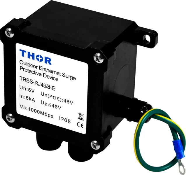 Thor TRSS-RJ45/8-E outdoor RJ45 surge protection device showing IN OUT connectors and grounding cable