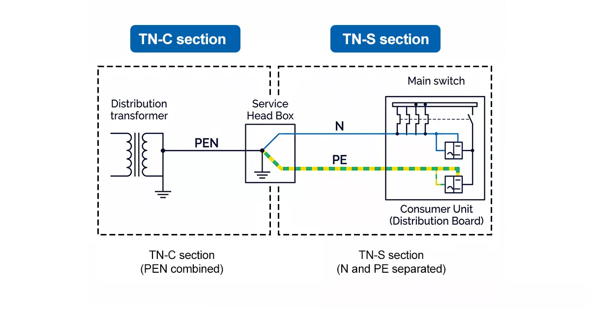 TN-C-S earthing system diagram showing PEN conductor split into N and PE at consumer unit
