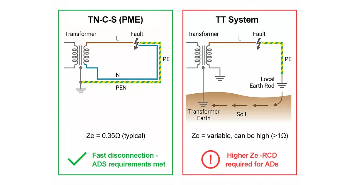 TN-C-S earthing system low earth fault loop impedance advantage compared to TT