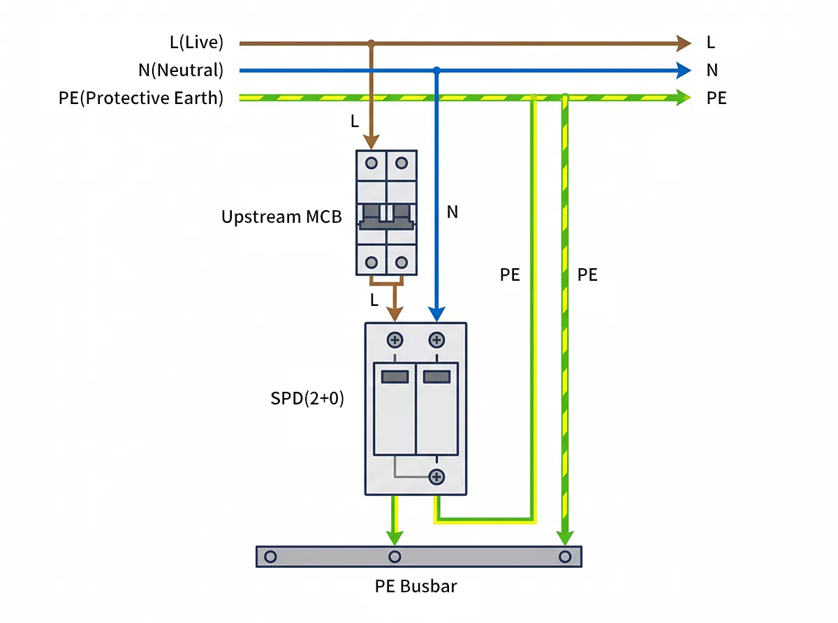 Single phase SPD wiring diagram showing 2+0 connection mode for TN-S earthing system
