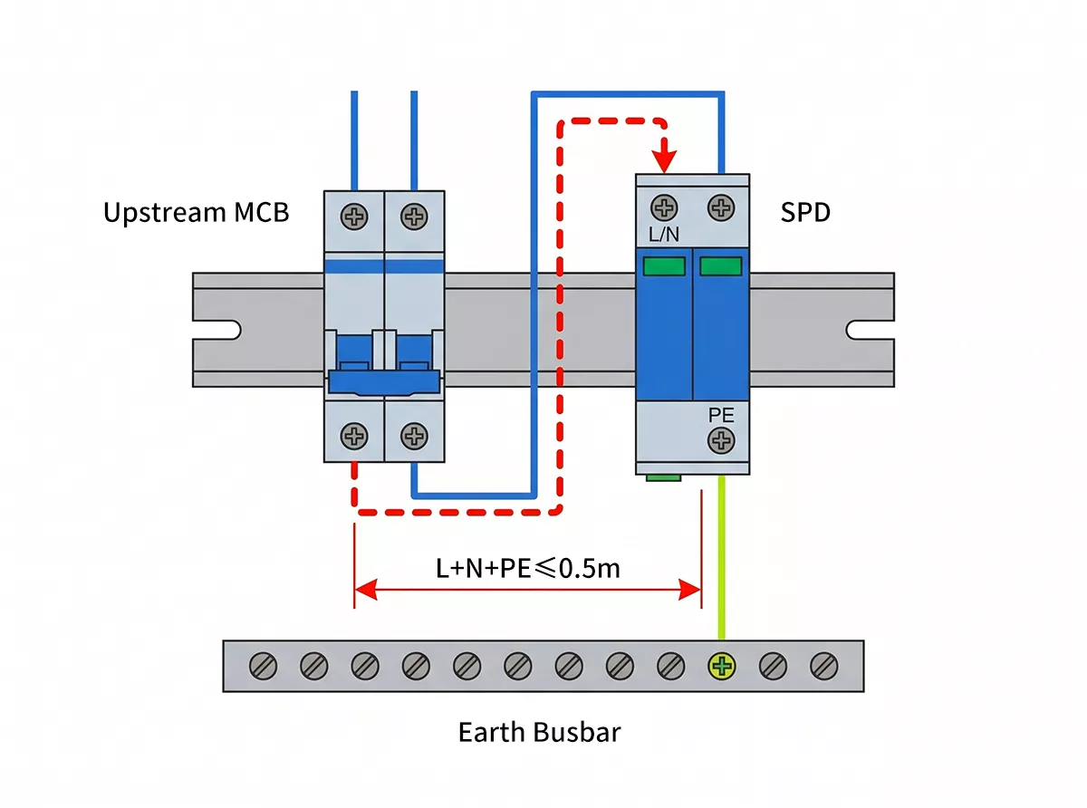 SPD wiring diagram showing 50cm maximum lead length rule per IEC 61643-11 installation requirements