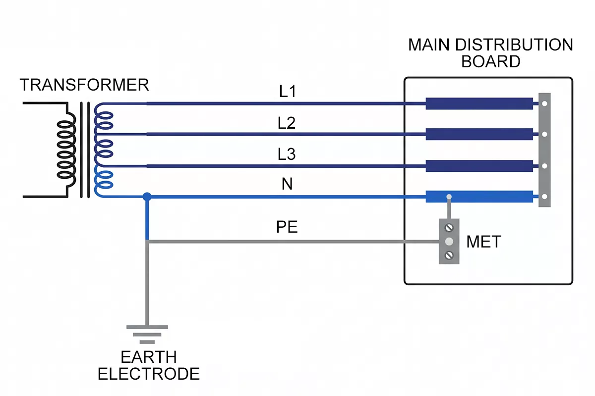 TN-S earthing system wiring diagram showing separate neutral and PE conductors five-wire three-phase
