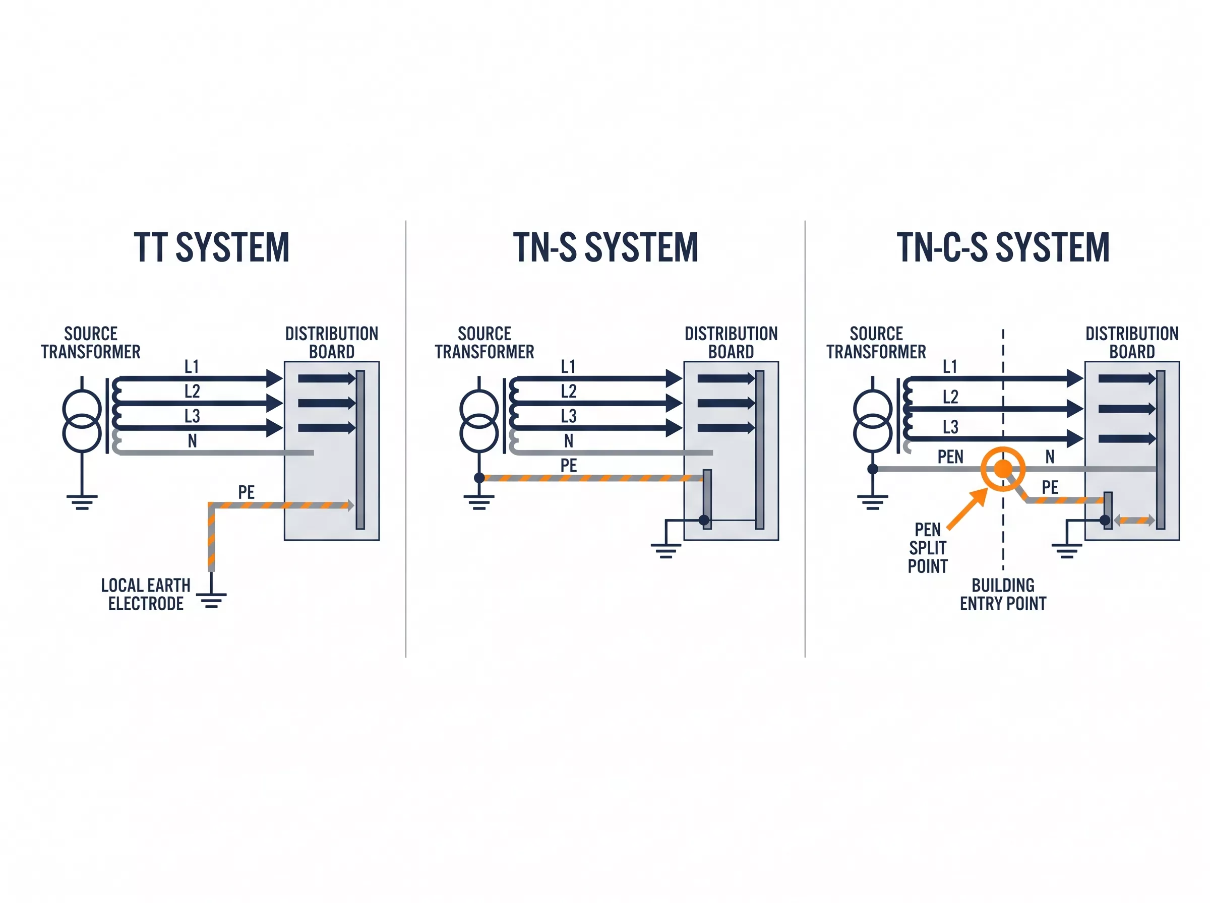 TT TN-S TN-C-S earthing system comparison diagram conductor arrangement earth connection three systems