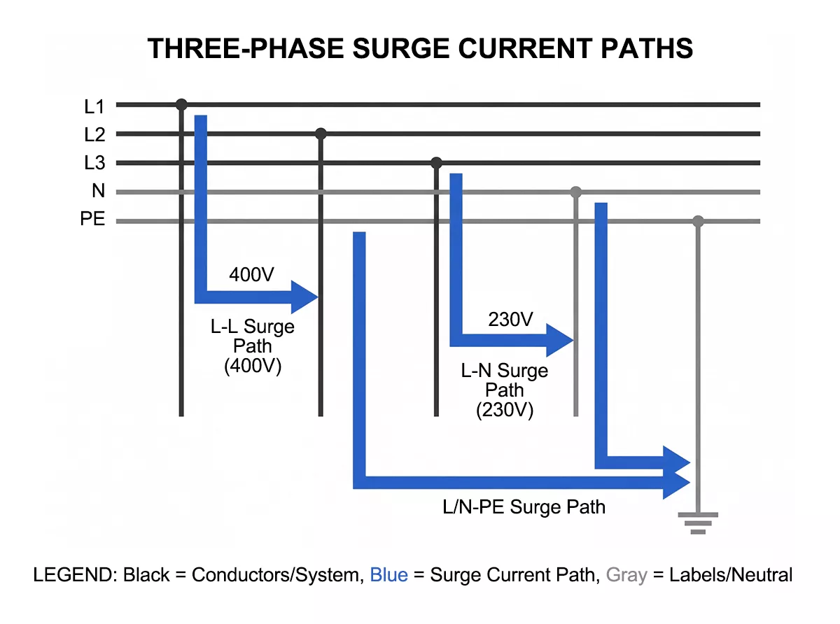 Three-phase surge protection device diagram showing L-L L-N and L-PE surge paths IEC 61643-11