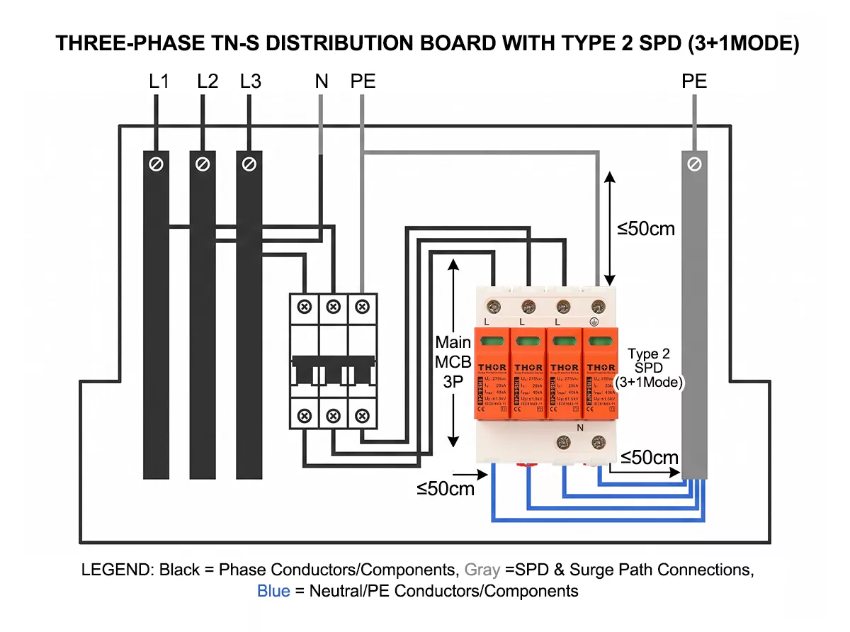 Three-phase SPD wiring diagram TN-S distribution board 4-pole 3+1 installation IEC 61643-11