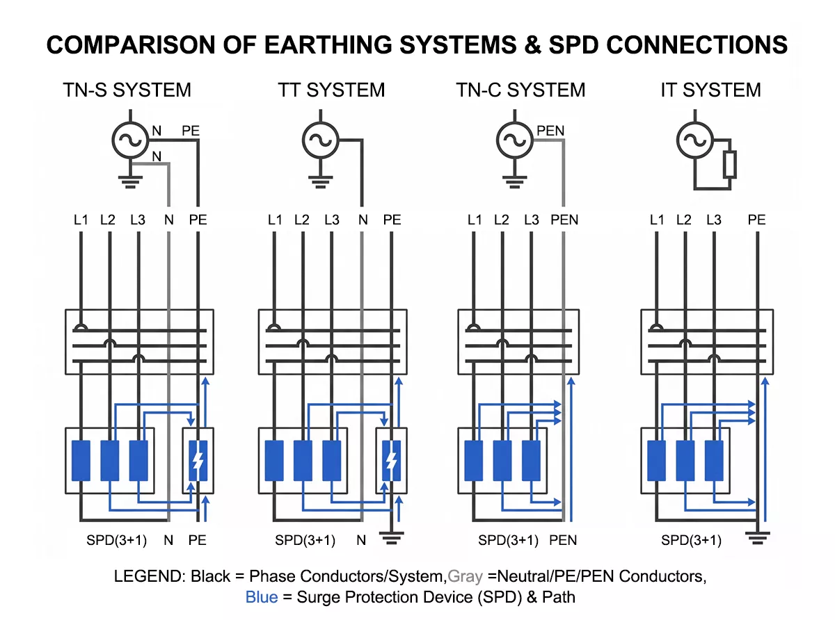 3-phase SPD wiring configuration by earthing system TN-S TT TN-C IT showing 3+1 and 3+0 pole count