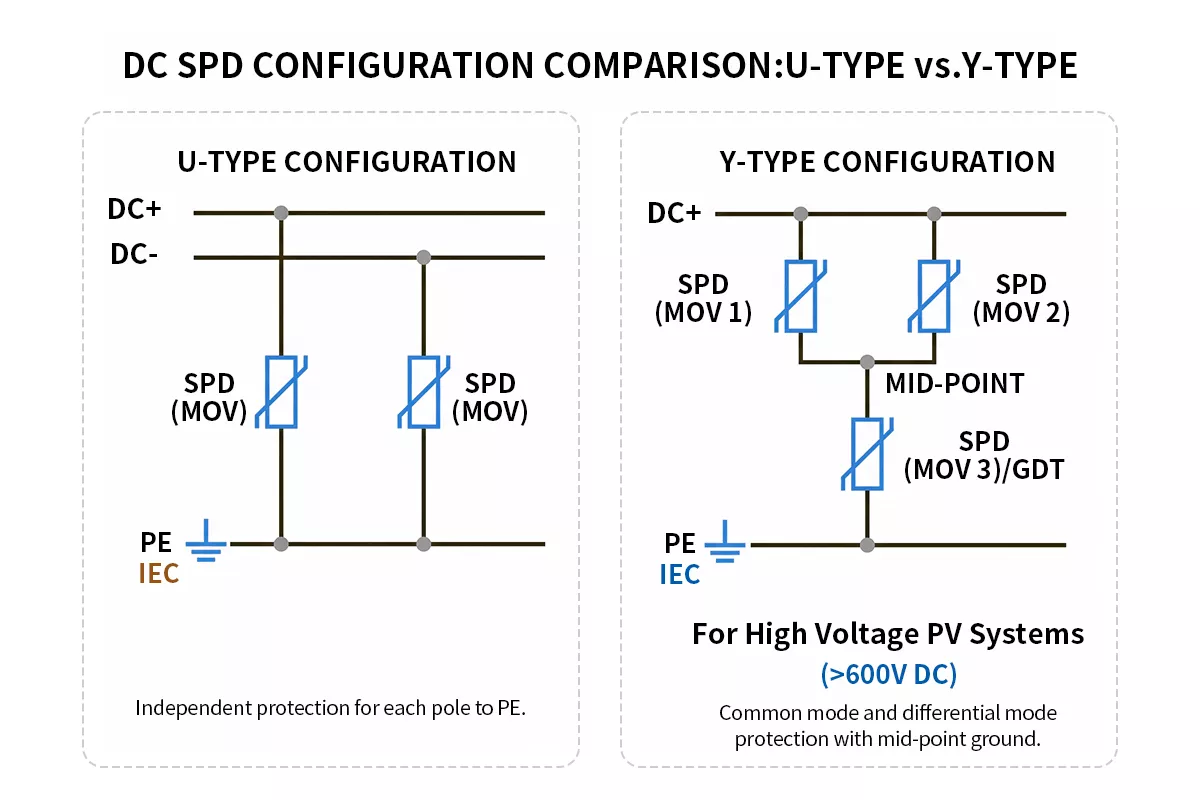 DC SPD U-type and Y-type wiring connection diagram showing bipolar and mid-point earthing configurations