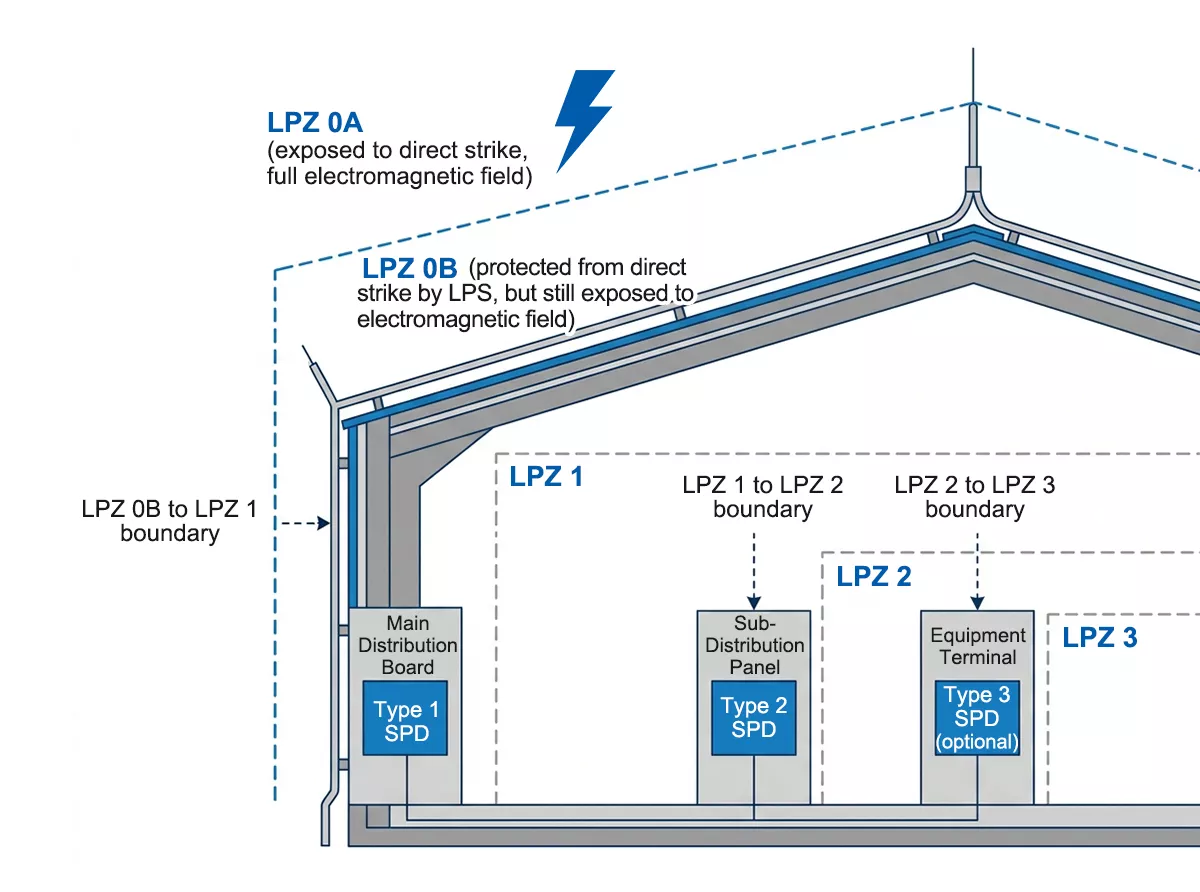 IEC 62305-4 Lightning Protection Zones LPZ 0A 0B 1 2 surge arrester SPD installation points building cross-section
