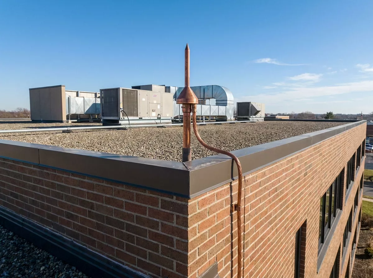 Lightning arrester air terminal installed on commercial building rooftop IEC 62305-3