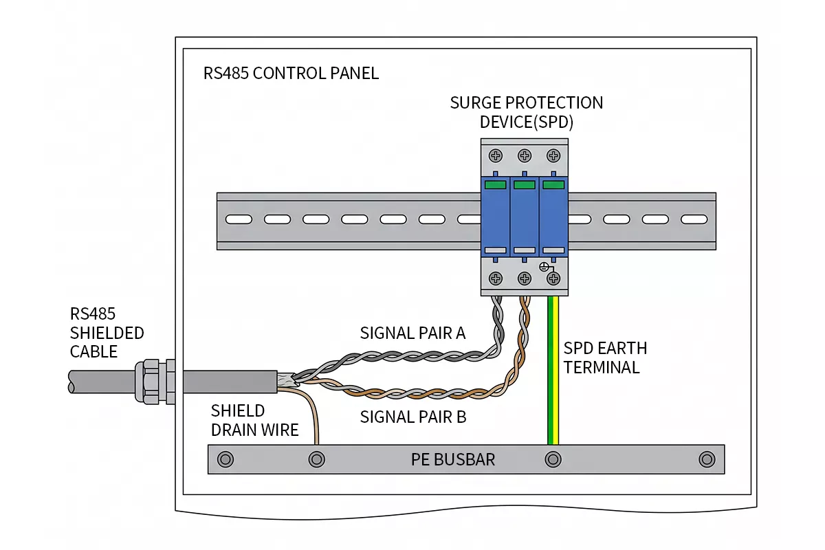 RS485 surge protection grounding diagram showing PE bonding, separated earth lead and single-point shield grounding
