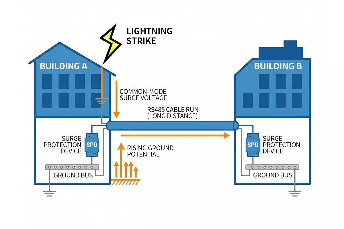 RS485 surge protection diagram showing ground potential rise between control room and remote field device