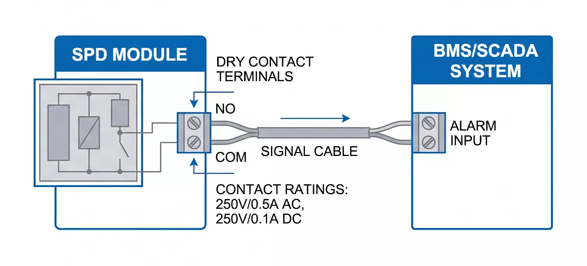 SPD remote signal dry contact wiring diagram connected to BMS alarm panel for surge protection device maintenance