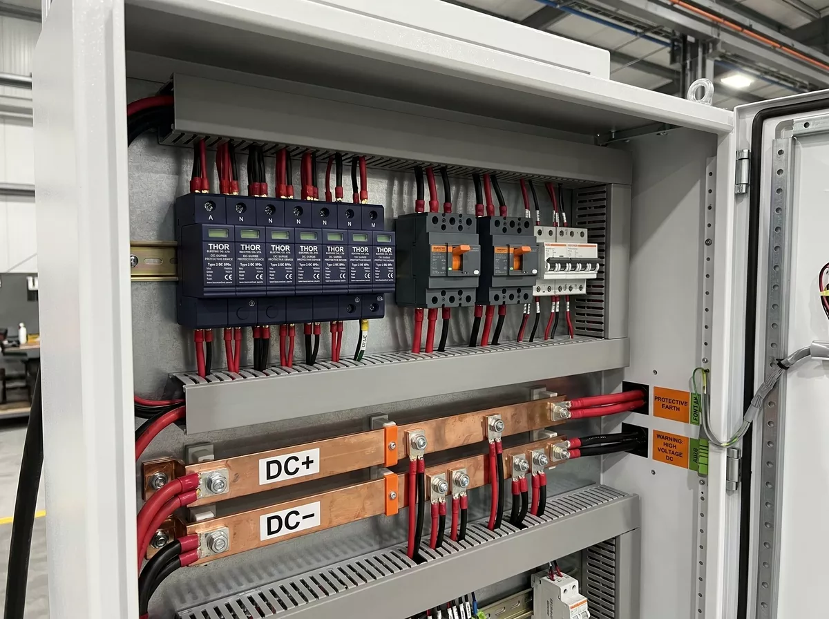 DC fast charging station installation showing DC surge protection device placement at charger output