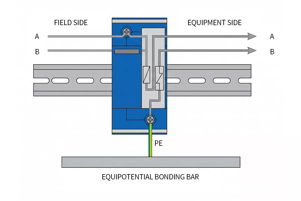 Thor TRSS-485 RS485 surge protection device wiring diagram showing A B signal lines and PE connection
