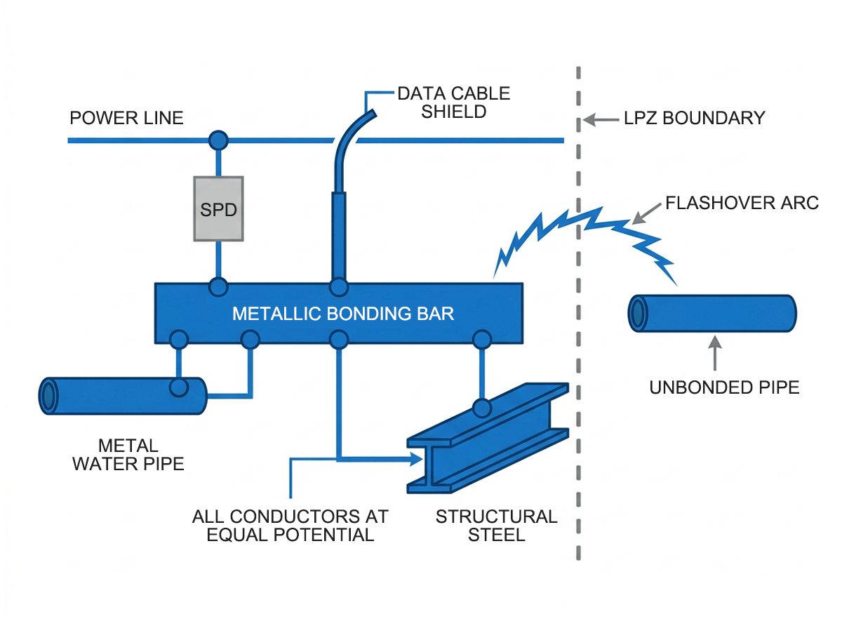 Equipotential bonding bar at lightning protection zone boundary connecting power SPD data cable shield pipe to common earth