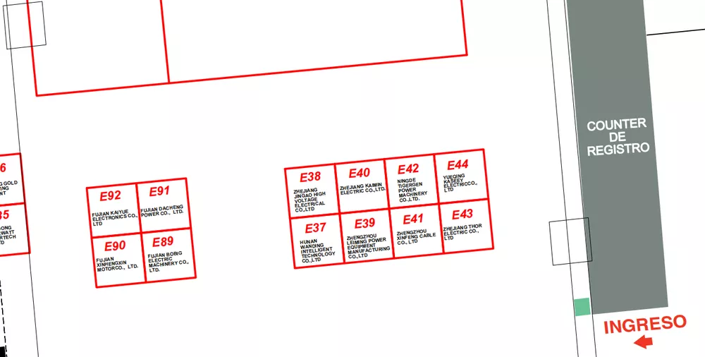 Expo Perú Industrial 2026 floor plan detail showing Thor Electric at booth E43 near the registration counter and main entrance
