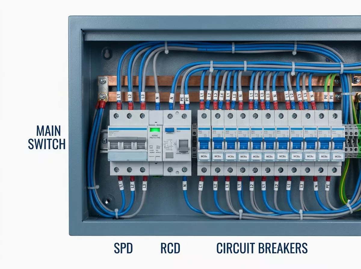 Industrial distribution board with MCB SPD and RCD on DIN rail for circuit breaker surge protection