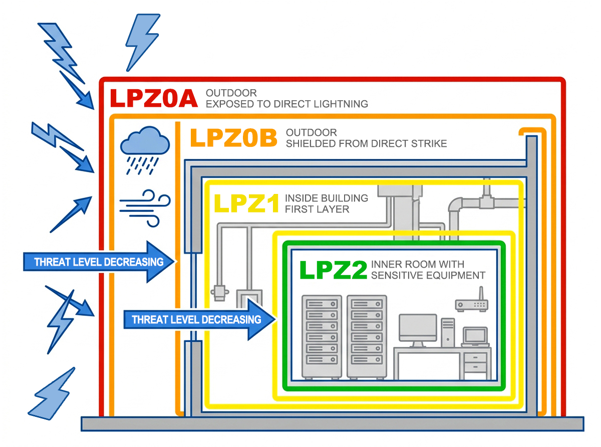 Lightning protection zone LPZ diagram showing LPZ0A LPZ0B LPZ1 LPZ2 nested zones and SPD placement