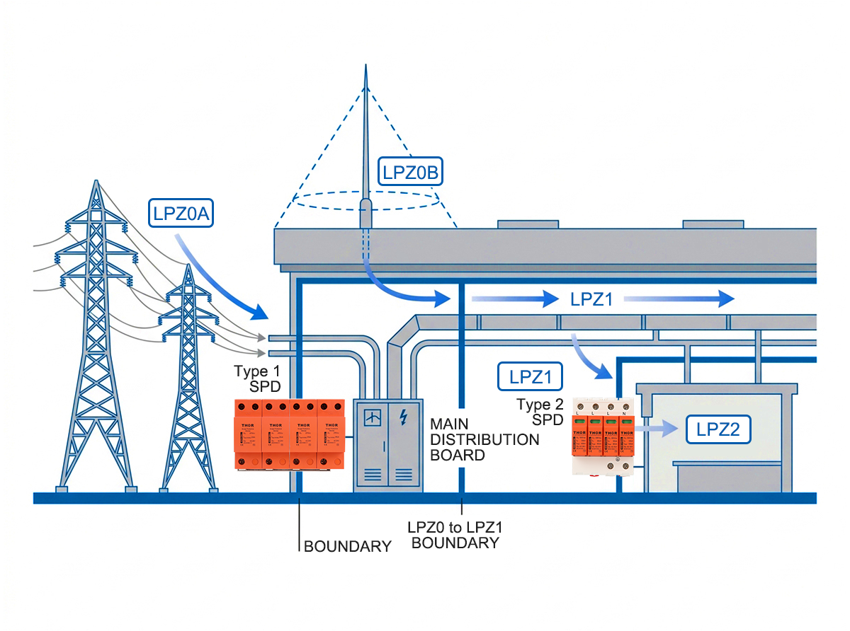 Industrial facility lightning protection zone LPZ diagram with SPD placement at LPZ0A LPZ0B LPZ1 LPZ2 boundaries