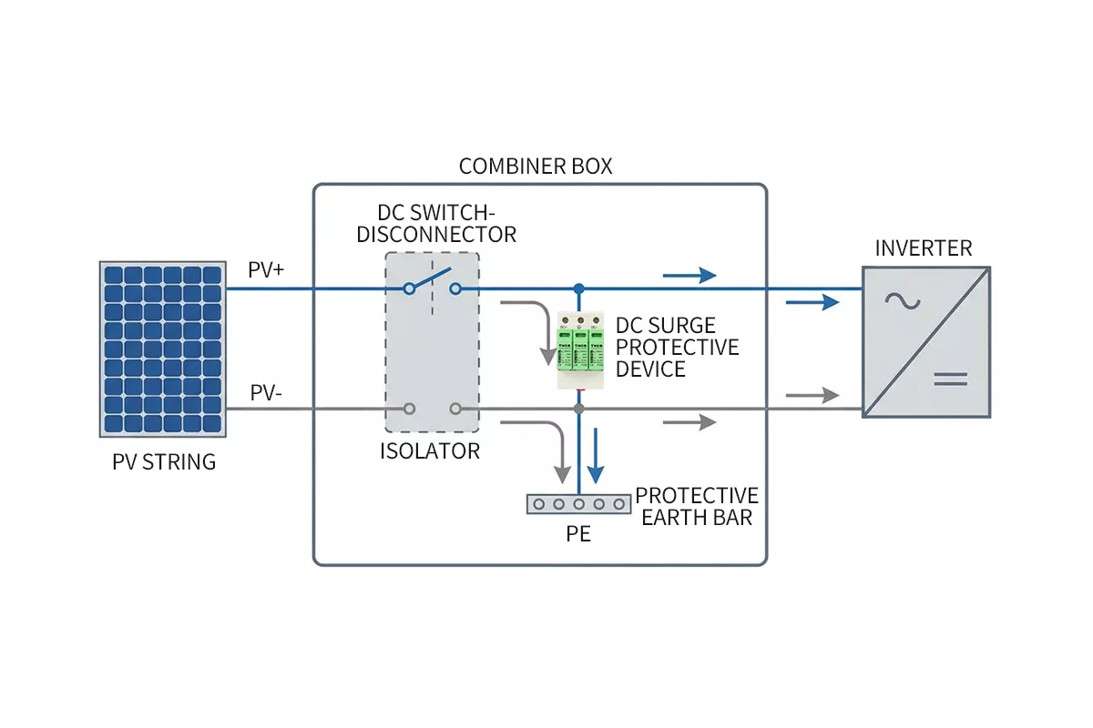 Solar DC SPD connection diagram showing parallel PV+ PV- to earth wiring inside a PV combiner box