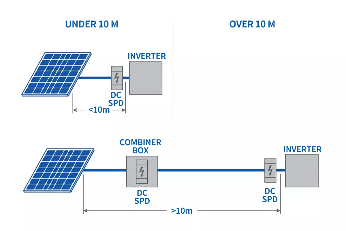Solar DC SPD install diagram, one SPD under 10 metres and two SPDs over 10 metres between array and inverter