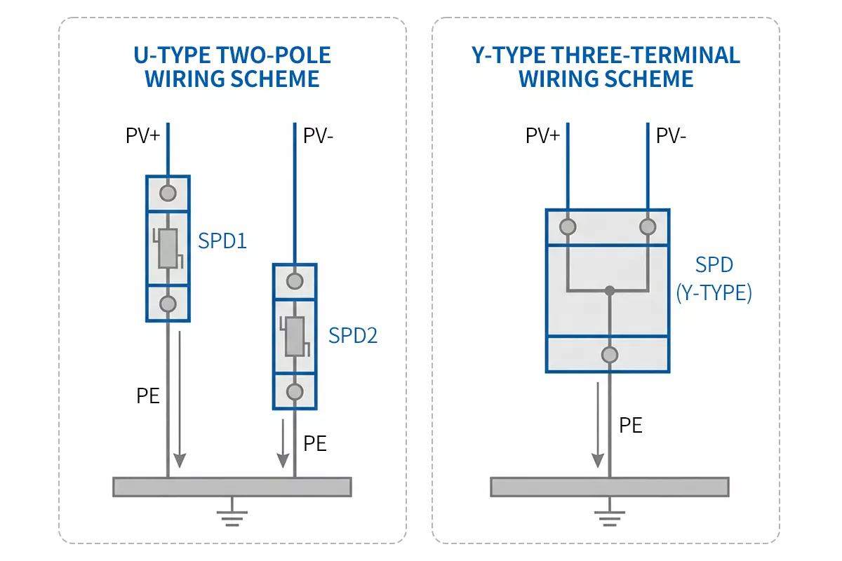 U-type vs Y-type solar DC SPD connection diagram comparing two-pole and three-terminal PV surge protection
