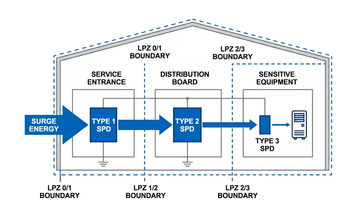 SPD coordination cascade diagram with Type 1, Type 2 and Type 3 stages across LPZ boundaries