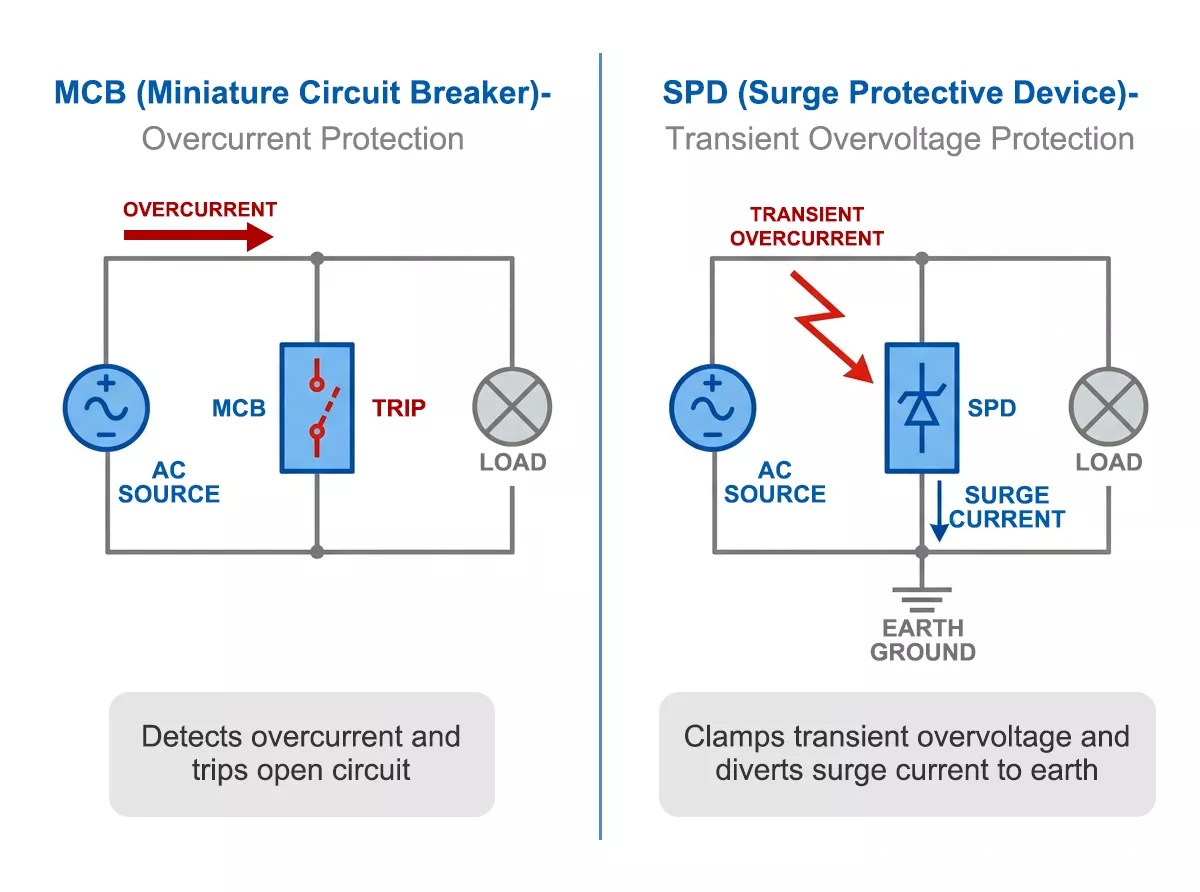 SPD circuit breaker protection comparison showing parallel SPD clamping and series MCB interruption