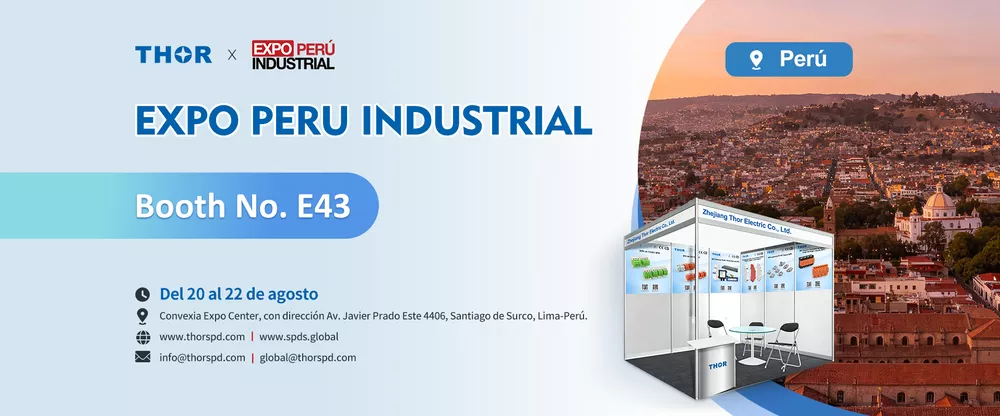 Thor Electric booth banner for Expo Perú Industrial 2026 showing booth number E43, dates, and venue