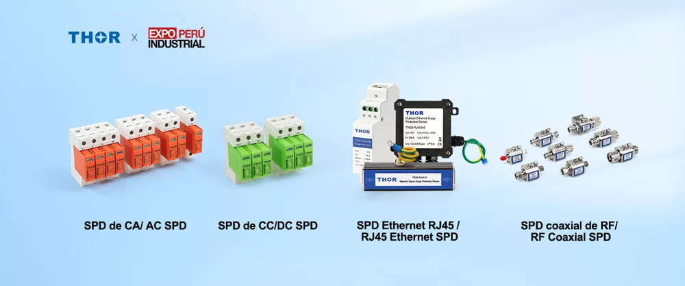Thor Electric full SPD product range including AC Type 1 and Type 2 surge protectors, DC and photovoltaic SPDs, Ethernet RJ45 protectors, and RS-485 signal line surge protection devices